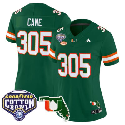 Women's Miami Hurricanes 2025 Cotton Bowl & Florida Patch Vapor Limited Stitched Jersey - Green / Cane 305