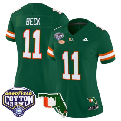 Women's Miami Hurricanes 2025 Cotton Bowl & Florida Patch Vapor Limited Stitched Jersey - Green / Carson Beck