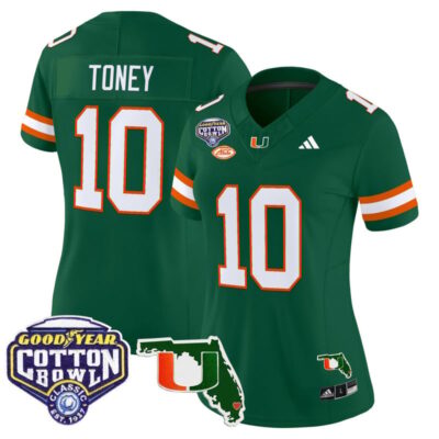 Women's Miami Hurricanes 2025 Cotton Bowl & Florida Patch Vapor Limited Stitched Jersey - Green / Malachi Toney
