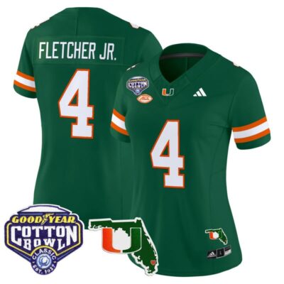 Women's Miami Hurricanes 2025 Cotton Bowl & Florida Patch Vapor Limited Stitched Jersey - Green / Mark Fletcher Jr.