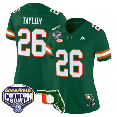 Women's Miami Hurricanes 2025 Cotton Bowl & Florida Patch Vapor Limited Stitched Jersey - Green / Sean Taylor
