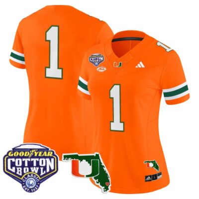 Women's Miami Hurricanes 2025 Cotton Bowl & Florida Patch Vapor Limited Stitched Jersey - Orange / #1 Team