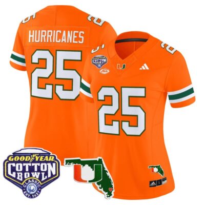 Women's Miami Hurricanes 2025 Cotton Bowl & Florida Patch Vapor Limited Stitched Jersey - Orange / #25 Hurricanes