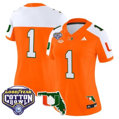 Women's Miami Hurricanes 2025 Cotton Bowl & Florida Patch Vapor Limited Stitched Jersey - Orange Alternate / #1 Team