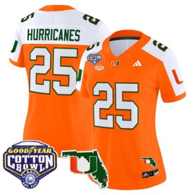 Women's Miami Hurricanes 2025 Cotton Bowl & Florida Patch Vapor Limited Stitched Jersey - Orange Alternate / #25 Hurricanes
