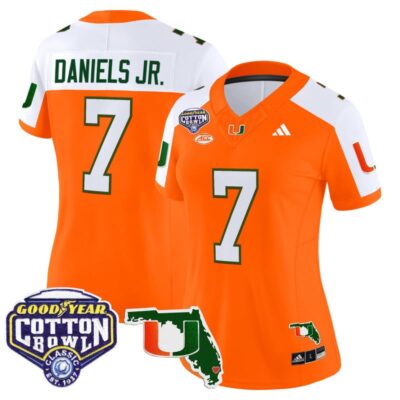 Women's Miami Hurricanes 2025 Cotton Bowl & Florida Patch Vapor Limited Stitched Jersey - Orange Alternate / CJ Daniels