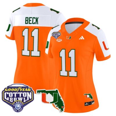 Women's Miami Hurricanes 2025 Cotton Bowl & Florida Patch Vapor Limited Stitched Jersey - Orange Alternate / Carson Beck
