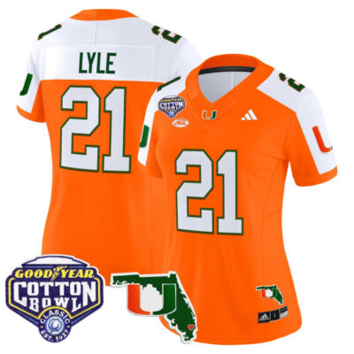 Women's Miami Hurricanes 2025 Cotton Bowl & Florida Patch Vapor Limited Stitched Jersey - Orange Alternate / Jordan Lyle