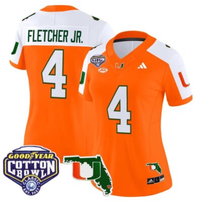 Women's Miami Hurricanes 2025 Cotton Bowl & Florida Patch Vapor Limited Stitched Jersey - Orange Alternate / Mark Fletcher Jr.