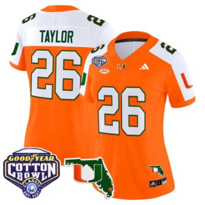 Women's Miami Hurricanes 2025 Cotton Bowl & Florida Patch Vapor Limited Stitched Jersey - Orange Alternate / Sean Taylor