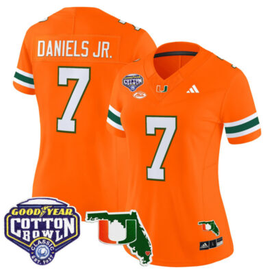 Women's Miami Hurricanes 2025 Cotton Bowl & Florida Patch Vapor Limited Stitched Jersey - Orange / CJ Daniels
