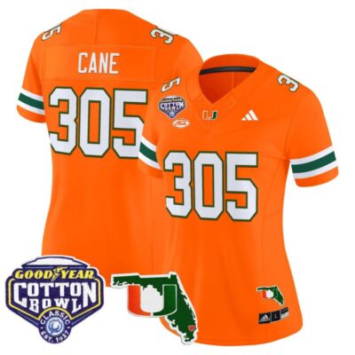 Women's Miami Hurricanes 2025 Cotton Bowl & Florida Patch Vapor Limited Stitched Jersey - Orange / Cane 305