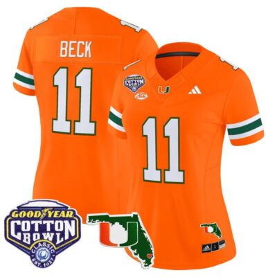 Women's Miami Hurricanes 2025 Cotton Bowl & Florida Patch Vapor Limited Stitched Jersey - Orange / Carson Beck