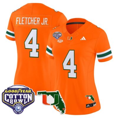 Women's Miami Hurricanes 2025 Cotton Bowl & Florida Patch Vapor Limited Stitched Jersey - Orange / Mark Fletcher Jr.
