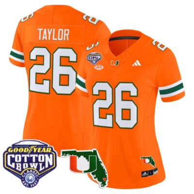 Women's Miami Hurricanes 2025 Cotton Bowl & Florida Patch Vapor Limited Stitched Jersey - Orange / Sean Taylor