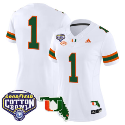 Women's Miami Hurricanes 2025 Cotton Bowl & Florida Patch Vapor Limited Stitched Jersey - White / #1 Team