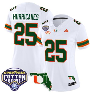Women's Miami Hurricanes 2025 Cotton Bowl & Florida Patch Vapor Limited Stitched Jersey - White / #25 Hurricanes