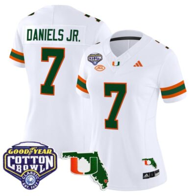 Women's Miami Hurricanes 2025 Cotton Bowl & Florida Patch Vapor Limited Stitched Jersey - White / CJ Daniels