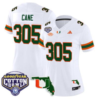Women's Miami Hurricanes 2025 Cotton Bowl & Florida Patch Vapor Limited Stitched Jersey - White / Cane 305