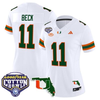 Women's Miami Hurricanes 2025 Cotton Bowl & Florida Patch Vapor Limited Stitched Jersey - White / Carson Beck