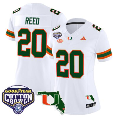 Women's Miami Hurricanes 2025 Cotton Bowl & Florida Patch Vapor Limited Stitched Jersey - White / Ed Reed
