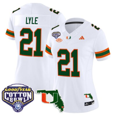 Women's Miami Hurricanes 2025 Cotton Bowl & Florida Patch Vapor Limited Stitched Jersey - White / Jordan Lyle