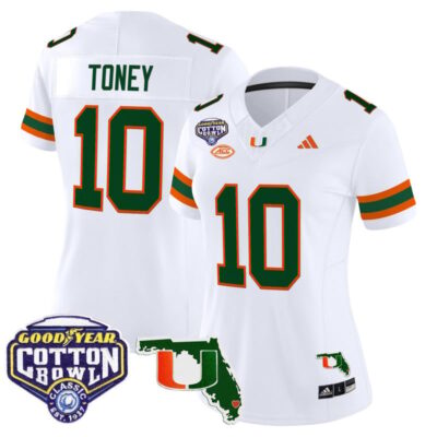 Women's Miami Hurricanes 2025 Cotton Bowl & Florida Patch Vapor Limited Stitched Jersey - White / Malachi Toney