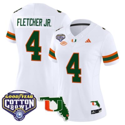 Women's Miami Hurricanes 2025 Cotton Bowl & Florida Patch Vapor Limited Stitched Jersey - White / Mark Fletcher Jr.