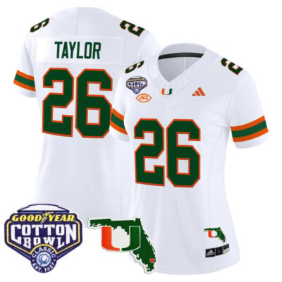 Women's Miami Hurricanes 2025 Cotton Bowl & Florida Patch Vapor Limited Stitched Jersey - White / Sean Taylor