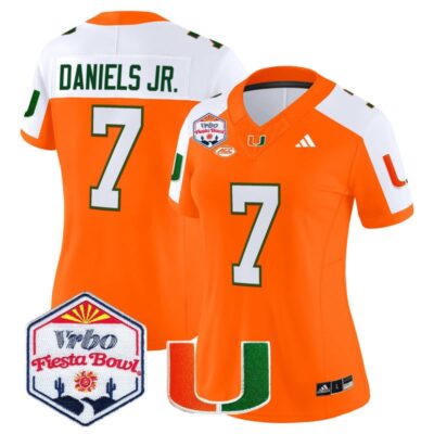 Women's Miami Hurricanes 2026 The Fiesta Bowl Vapor Limited Stitched Jersey - Orange Alternate / CJ Daniels