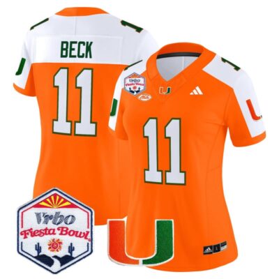 Women's Miami Hurricanes 2026 The Fiesta Bowl Vapor Limited Stitched Jersey - Orange Alternate / Carson Beck