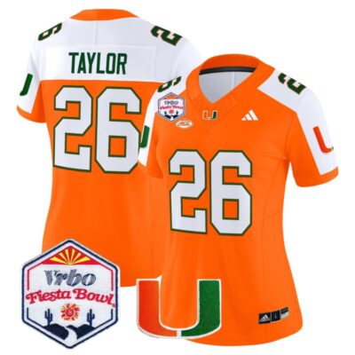 Women's Miami Hurricanes 2026 The Fiesta Bowl Vapor Limited Stitched Jersey - Orange Alternate / Sean Taylor
