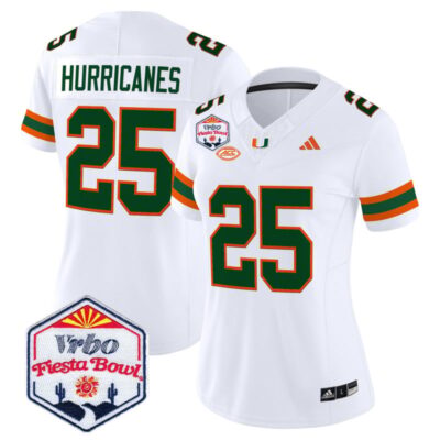 Women's Miami Hurricanes 2026 The Fiesta Bowl Vapor Limited Stitched Jersey - White / #25 Hurricanes