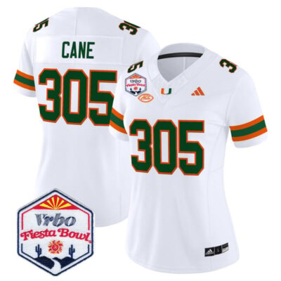 Women's Miami Hurricanes 2026 The Fiesta Bowl Vapor Limited Stitched Jersey - White / Cane 305
