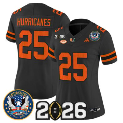 Women's Miami Hurricanes "United States 250th Anniversary & 2026 CFP Final Patch" Vapor Limited Jersey - Black / #25 Hurricanes