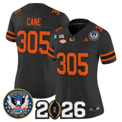 Women's Miami Hurricanes "United States 250th Anniversary & 2026 CFP Final Patch" Vapor Limited Jersey - Black / Cane 305