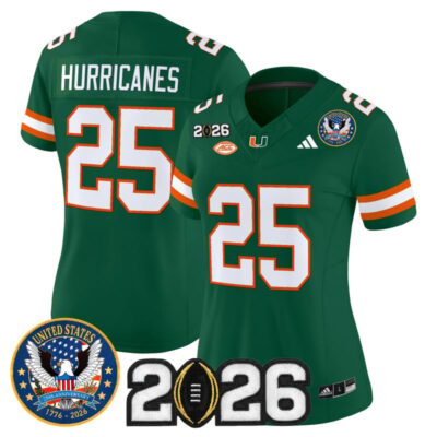 Women's Miami Hurricanes "United States 250th Anniversary & 2026 CFP Final Patch" Vapor Limited Jersey - Green / #25 Hurricanes