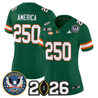 Women's Miami Hurricanes "United States 250th Anniversary & 2026 CFP Final Patch" Vapor Limited Jersey - Green / #250 America