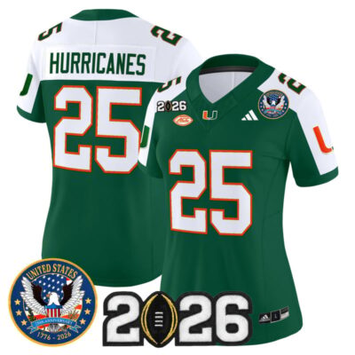 Women's Miami Hurricanes "United States 250th Anniversary & 2026 CFP Final Patch" Vapor Limited Jersey - Green Alternate / #25 Hurricanes