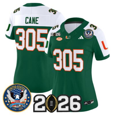 Women's Miami Hurricanes "United States 250th Anniversary & 2026 CFP Final Patch" Vapor Limited Jersey - Green Alternate / Cane 305