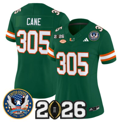 Women's Miami Hurricanes "United States 250th Anniversary & 2026 CFP Final Patch" Vapor Limited Jersey - Green / Cane 305