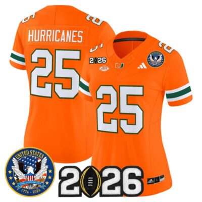 Women's Miami Hurricanes "United States 250th Anniversary & 2026 CFP Final Patch" Vapor Limited Jersey - Orange / #25 Hurricanes