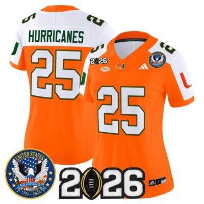Women's Miami Hurricanes "United States 250th Anniversary & 2026 CFP Final Patch" Vapor Limited Jersey - Orange Alternate / #25 Hurricanes