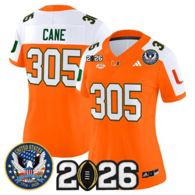 Women's Miami Hurricanes "United States 250th Anniversary & 2026 CFP Final Patch" Vapor Limited Jersey - Orange Alternate / Cane 305