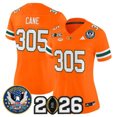 Women's Miami Hurricanes "United States 250th Anniversary & 2026 CFP Final Patch" Vapor Limited Jersey - Orange / Cane 305
