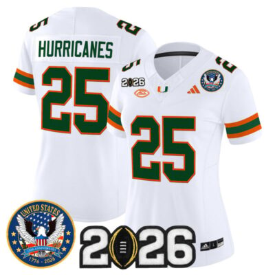 Women's Miami Hurricanes "United States 250th Anniversary & 2026 CFP Final Patch" Vapor Limited Jersey - White / #25 Hurricanes