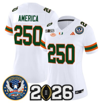 Women's Miami Hurricanes "United States 250th Anniversary & 2026 CFP Final Patch" Vapor Limited Jersey - White / #250 America