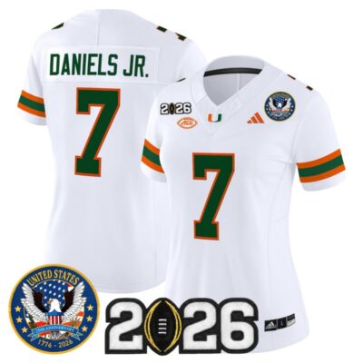 Women's Miami Hurricanes "United States 250th Anniversary & 2026 CFP Final Patch" Vapor Limited Jersey - White / CJ Daniels