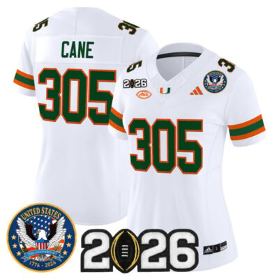 Women's Miami Hurricanes "United States 250th Anniversary & 2026 CFP Final Patch" Vapor Limited Jersey - White / Cane 305