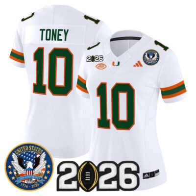 Women's Miami Hurricanes "United States 250th Anniversary & 2026 CFP Final Patch" Vapor Limited Jersey - White / Malachi Toney
